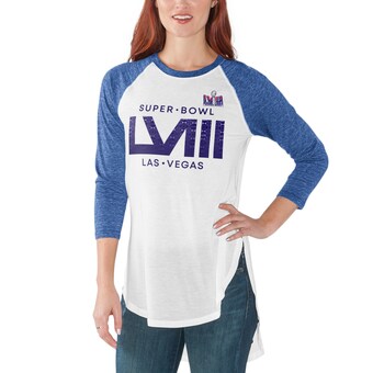 Women's Super Bowl LVIII G-III 4Her by Carl Banks White/Royal Tailgate Raglan 3/4 Sleeve T-Shirt