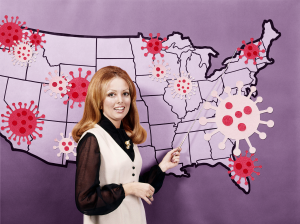 A photo illustration of meteorologist in front of a map of the United States covered in Coronavirus molecules of various sizes