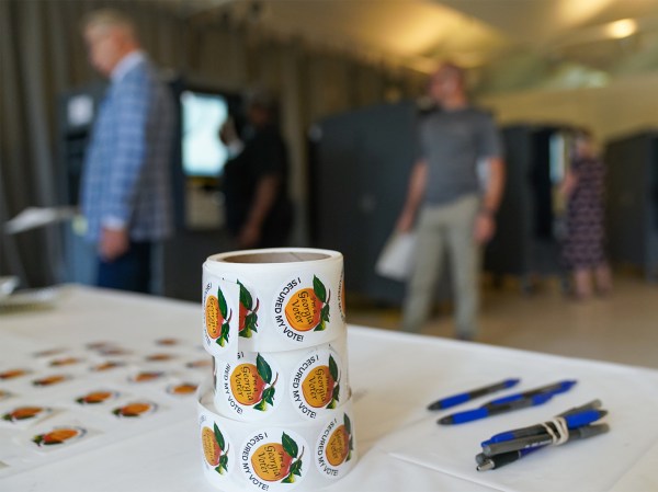 Rolls of "I Secured My Vote" stickers at a polling location in Atlanta, Georgia