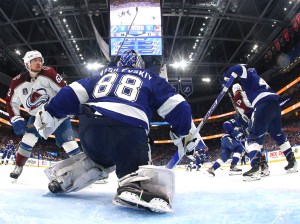 Andrei Vasilevskiy of the Tampa Bay Lightning defends the goal against the Colorado Avalanche