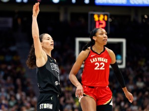 Sue Bird of the Seattle Storm watches her shot next to A'ja Wilson of the Las Vegas Aces