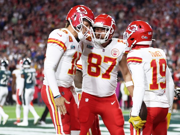 Kadarius Toney #19 of the Kansas City Chiefs celebrates with Patrick Mahomes #15 and Travis Kelce #87