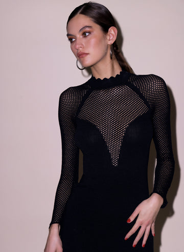 Black - Scalloped Pointelle Knit Dress | Fleur du Mal