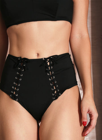 Black - Lace Up High Waist Bikini | Fleur du Mal