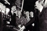 thumbnail: President Patrick Hillery, pressing the button to start printing machines at Independent House, Abbey Street. Looking on are Dr A. J. F. O'Reilly, then Chairman of Independent Newspapers Ltd., his wife Susan and Bartle Pitcher, Managing Director