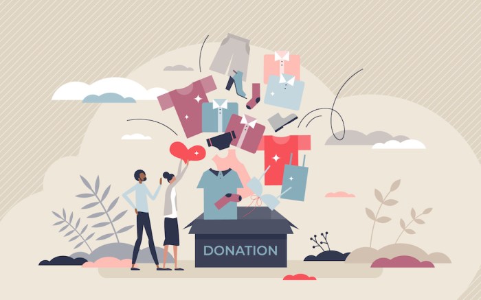 Clothes donation and used second hand clothing sharing tiny person concept. Generous support and social help with community togetherness and contribution for poor homeless people vector illustration.