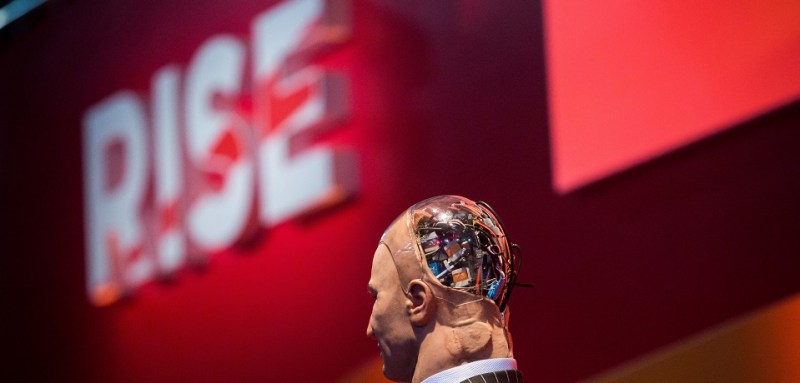 "Han the Robot" waits on stage before a discussion about the future of humanity in a demonstration of artificial intelligence (AI) by Hanson Robotics at the RISE Technology Conference in Hong Kong on July 12, 2017.
Artificial intelligence is the dominant theme at this year's sprawling RISE tech conference at the city's harbourfront convention centre, but the live robot exchange took the AI debate to another level. / AFP PHOTO / ISAAC LAWRENCE        (Photo credit should read ISAAC LAWRENCE/AFP/Getty Images)