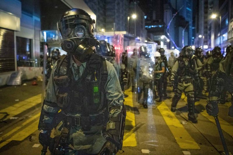 A riot police officer advances during a demonstration in Sheung Wan on July 28, 2019 in Hong Kong, China.