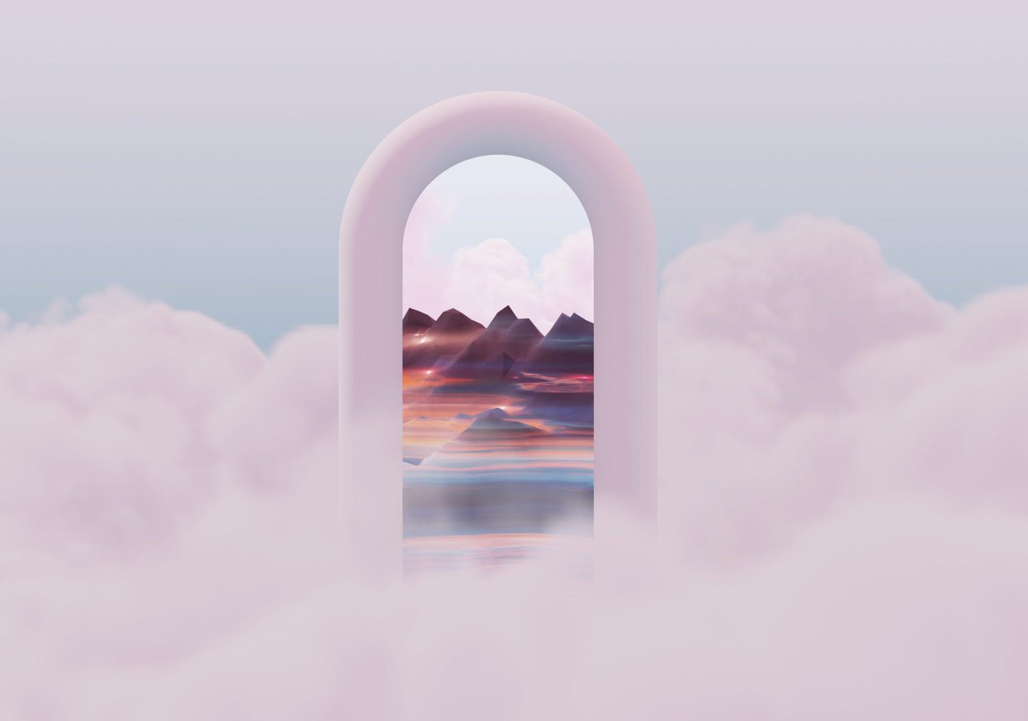 A portal suspended in the sky among clouds offers a glimpse into a vivid digital world blurring the lines between reality and cyberspace