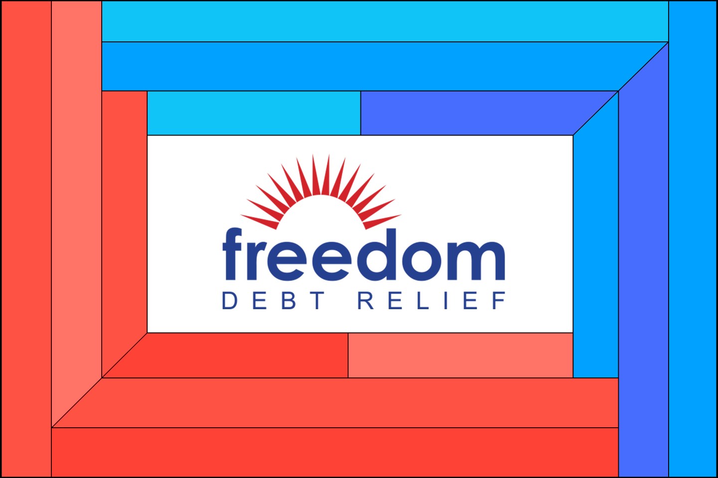 Illustration of the Freedom Debt Relief logo inside a blue and red frame.