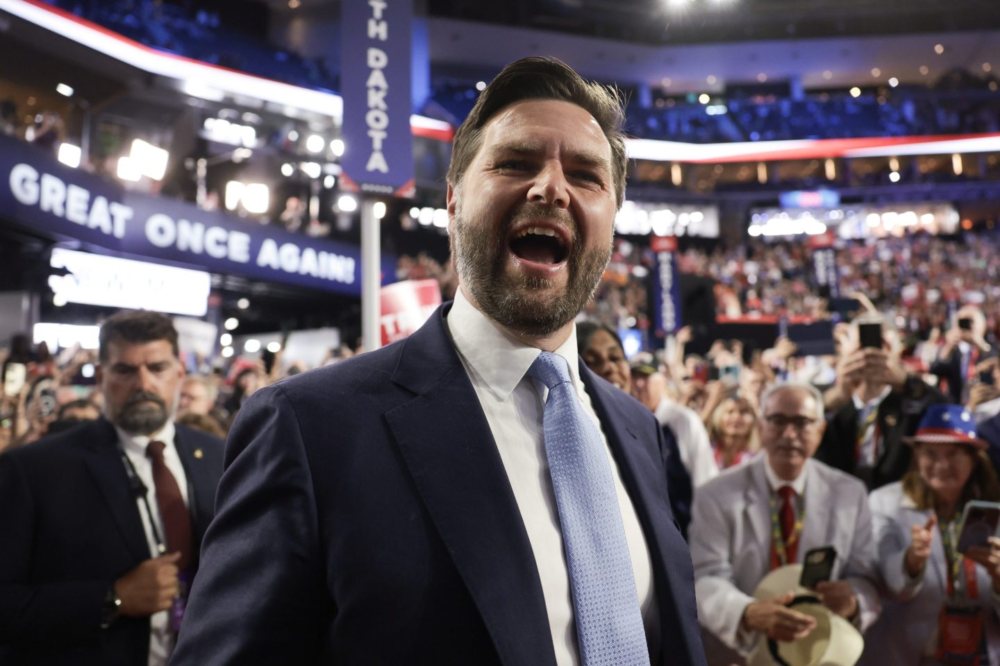 MILWAUKEE, WISCONSIN - JULY 15: Trump&#039;s pick for Vice President, U.S. Sen. J.D. Vance (R-OH) arrives on the first day of the Republican National Convention at the Fiserv Forum on July 15, 2024 in Milwaukee, Wisconsin. Delegates, politicians, and the Republican faithful are in Milwaukee for the annual convention, concluding with former President Donald Trump accepting his party&#039;s presidential nomination. The RNC takes place from July 15-18. (Photo by Win McNamee/Getty Images)