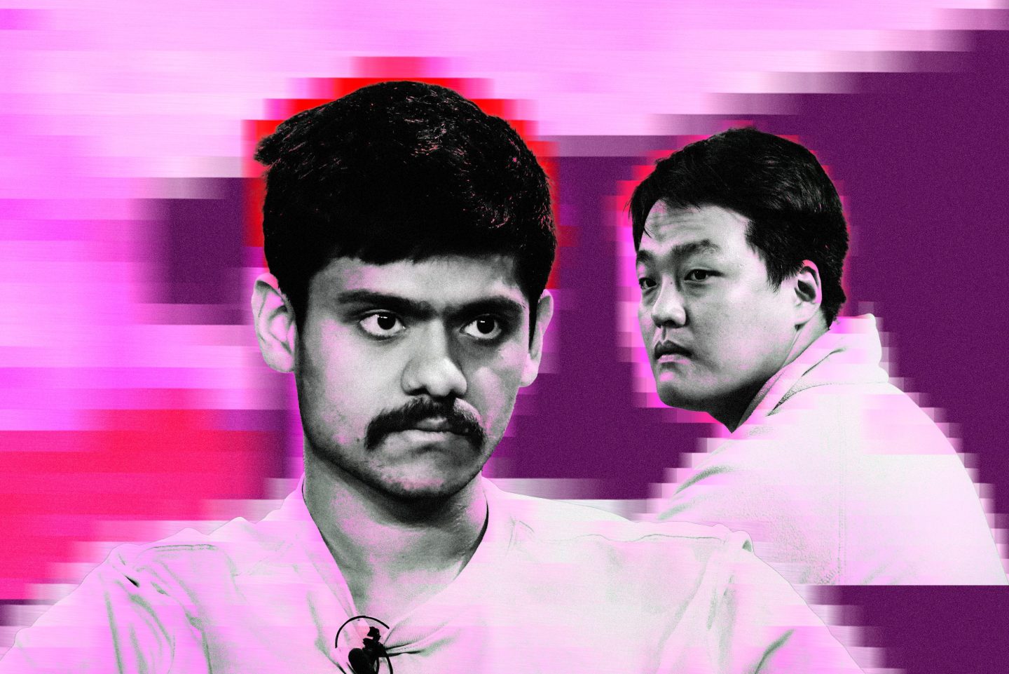 Portraits of Kanav Kariya and Do Kwon pixelated on a purple background.