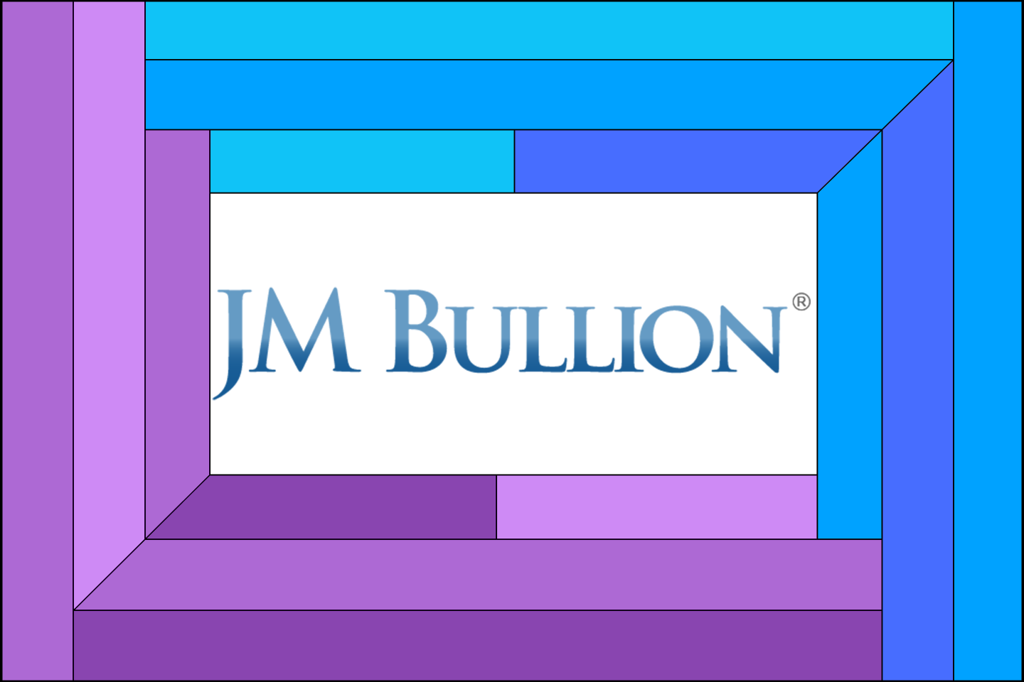 The JM Bullion logo on a purple and blue graphic frame.