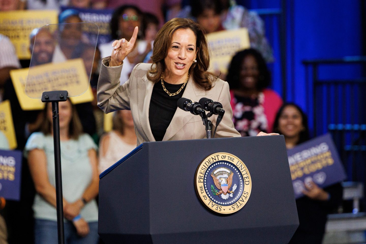 Kamala Harris behind a podium