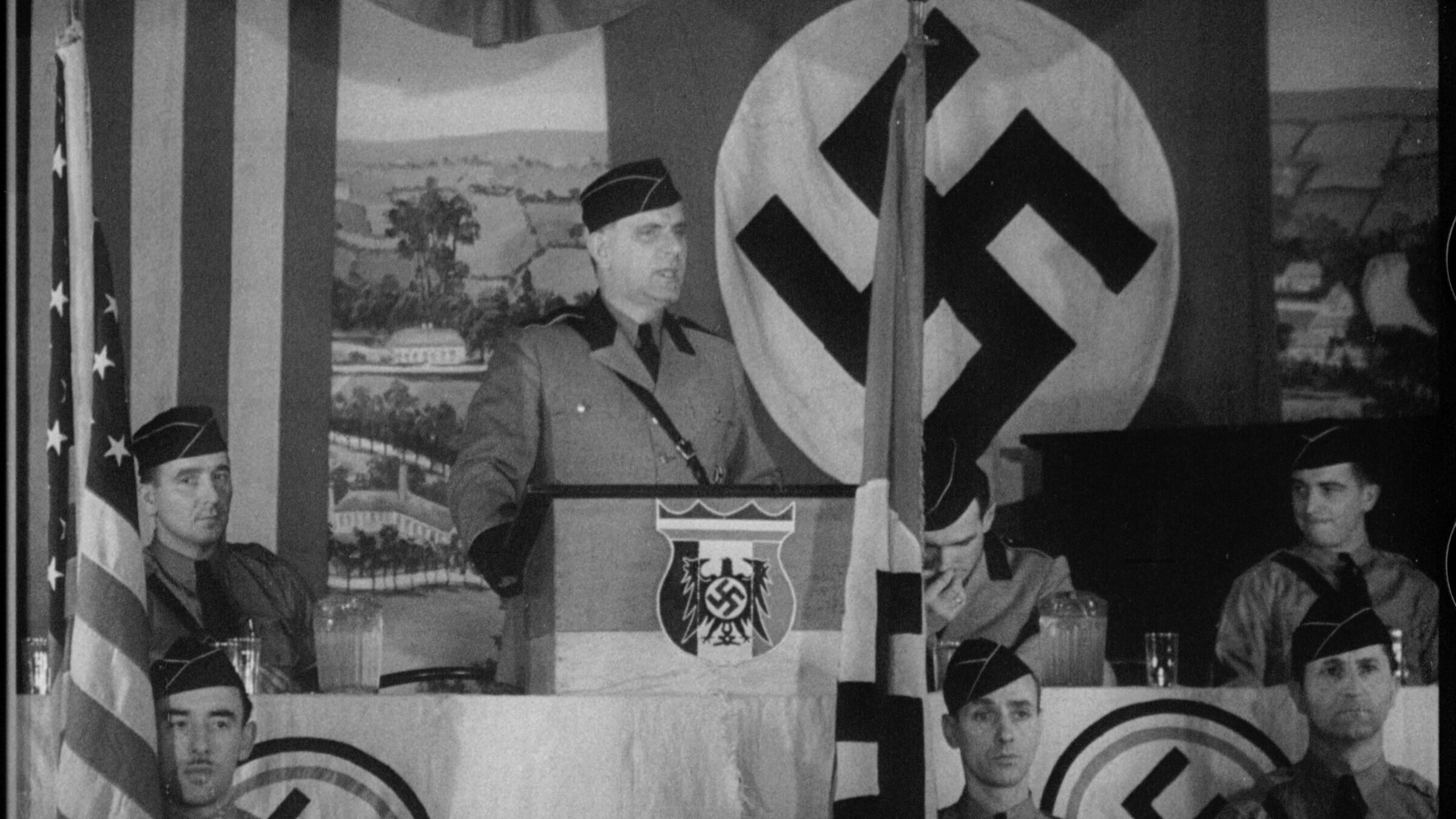 Fritz Kuhn speaks at a German American Bund meeting, New York, 1938.