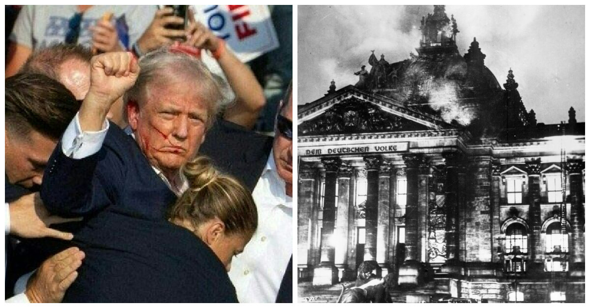 Former President Donald Trump after an assassination attempt on July 13, 2024; the fire at the Reichstag building on Feb. 27, 1933. 