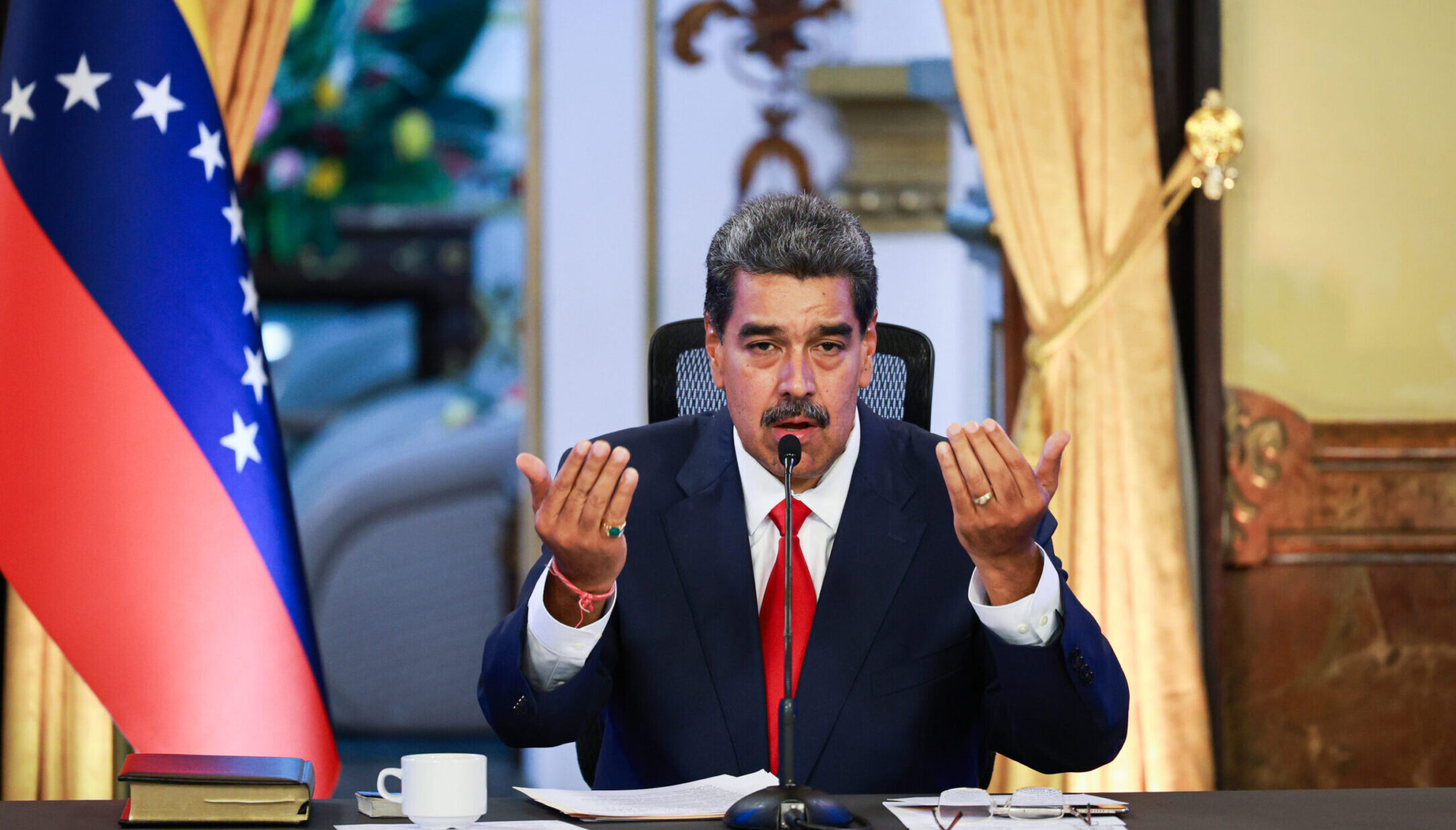 Venezuela’s president, Nicolas Maduro, speaks after testifying before the electoral chamber at main headquarters of the Supreme Court of Justice in Caracas, Aug. 2, 2024 (Jesus Vargas/Getty Images)