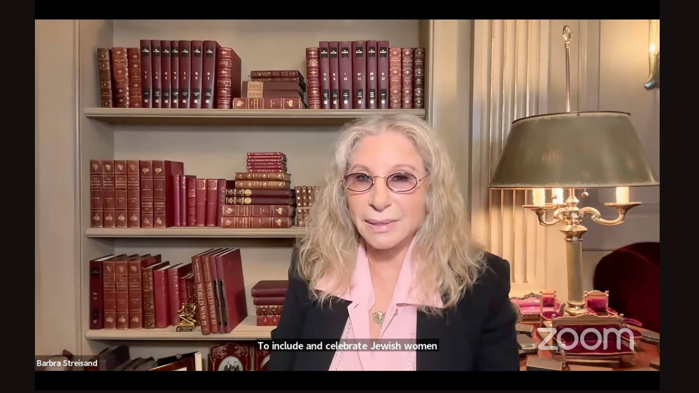 A screenshot of Barbra Streisand as she kicked off a virtual "Jewish Women for Kamala" fundraiser. 