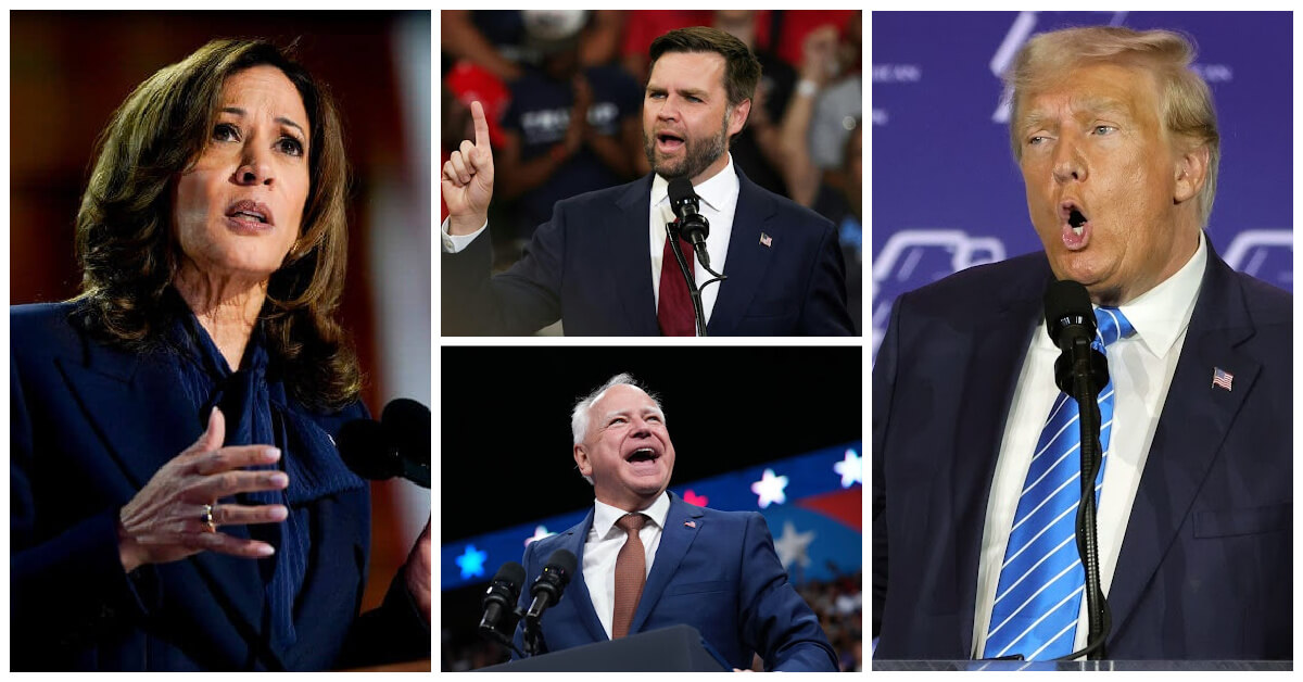 Clockwise from left: Vice President Kamala Harris, Sen. JD Vance, former President Donald Trump and Gov. Tim Walz.