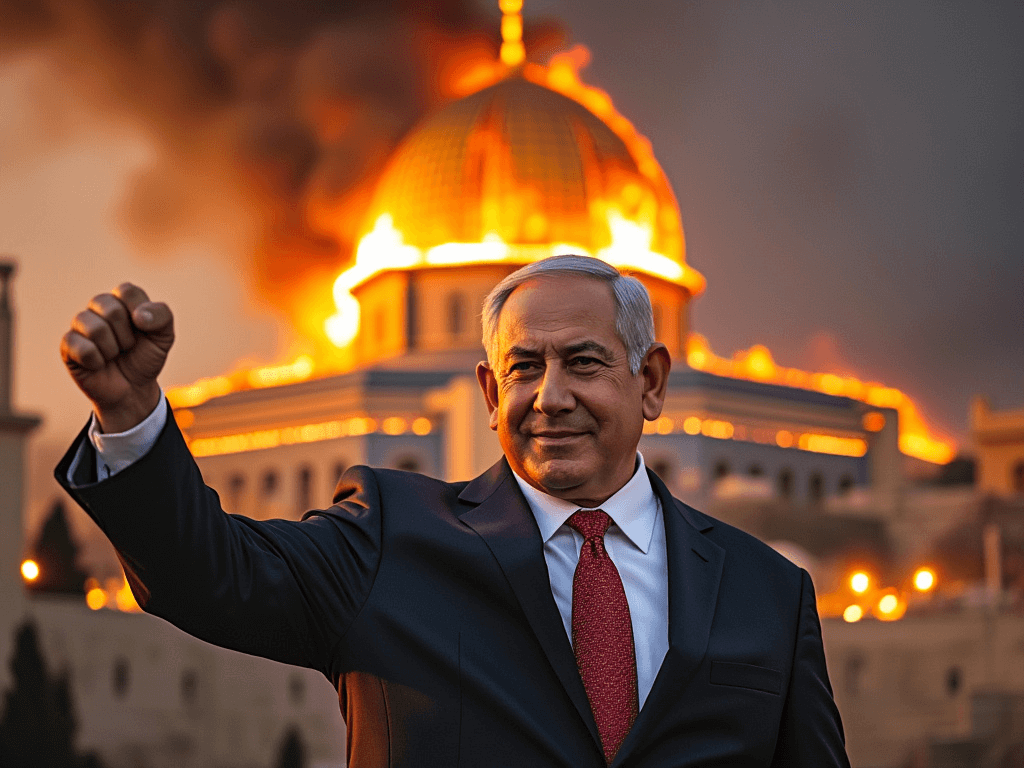 This, to be clear, is fake. Benjamin Netanyahu has never set the Dome of the Rock on fire.