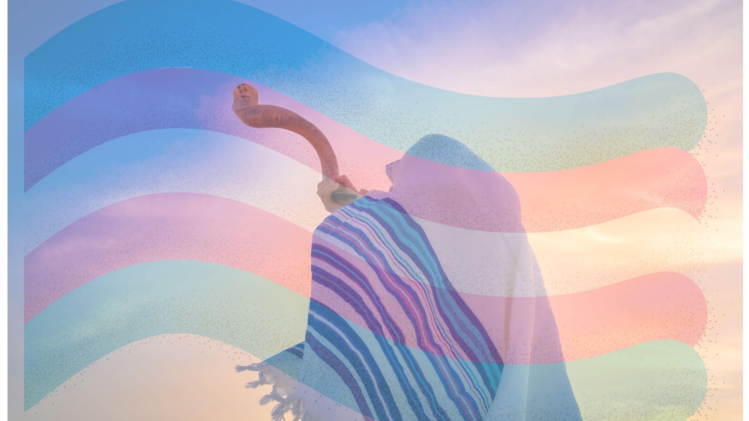 A figure in a prayer shawl with a shofar is superimposed over a trans flag.