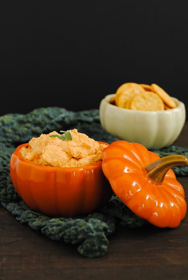 Creamy pumpkin parmesan dip in a small ceramic pumpkin with lid.