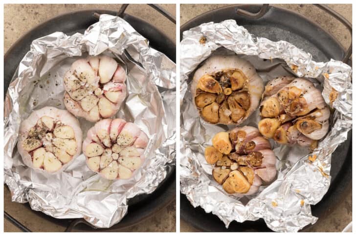 Before and after photos of garlic heads being roasted.