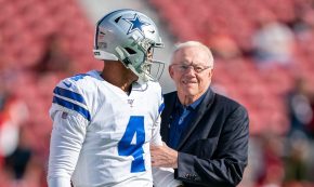 August 10, 2019; Santa Clara, CA, USA; Dallas Cowboys quarterback Dak Prescott (4) and owner Jerry Jones (right) before the game against the San Francisco 49ers at Levi's Stadium.