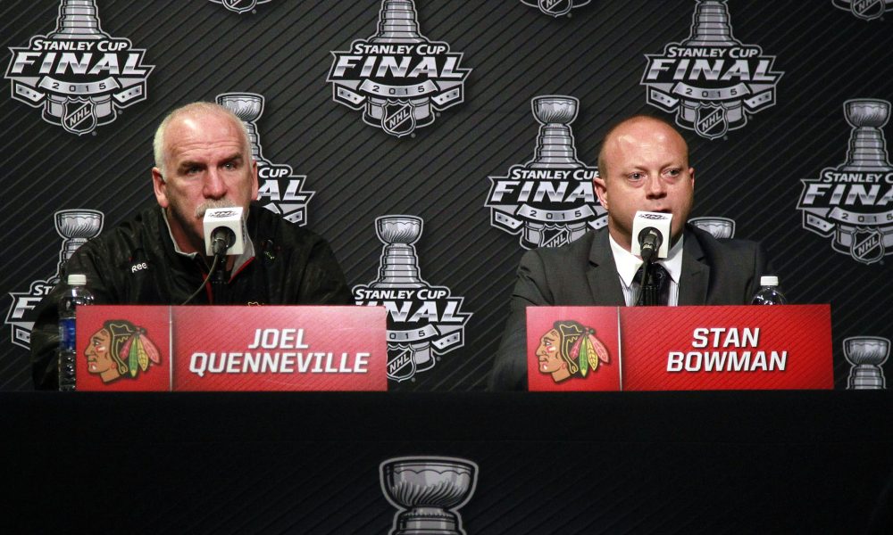 Jun 2, 2015; Tampa, FL, USA; Chicago Blackhawks head coach Joel Quenneville and general manager Stan Bowman talk with media during media day the day before the 2015 Stanley Cup Final at Amalie Arena.