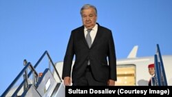 UN Secretary-General Antonio Guterres arrives on a visit to Kyrgyzstan on July 2. 