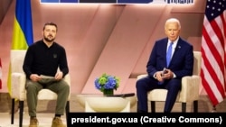 Ukraine's President Volodymyr Zelenskiy (left) and U.S. President Joe Biden attend a bilateral meeting during NATO's 75th anniversary summit in Washington on July 11.