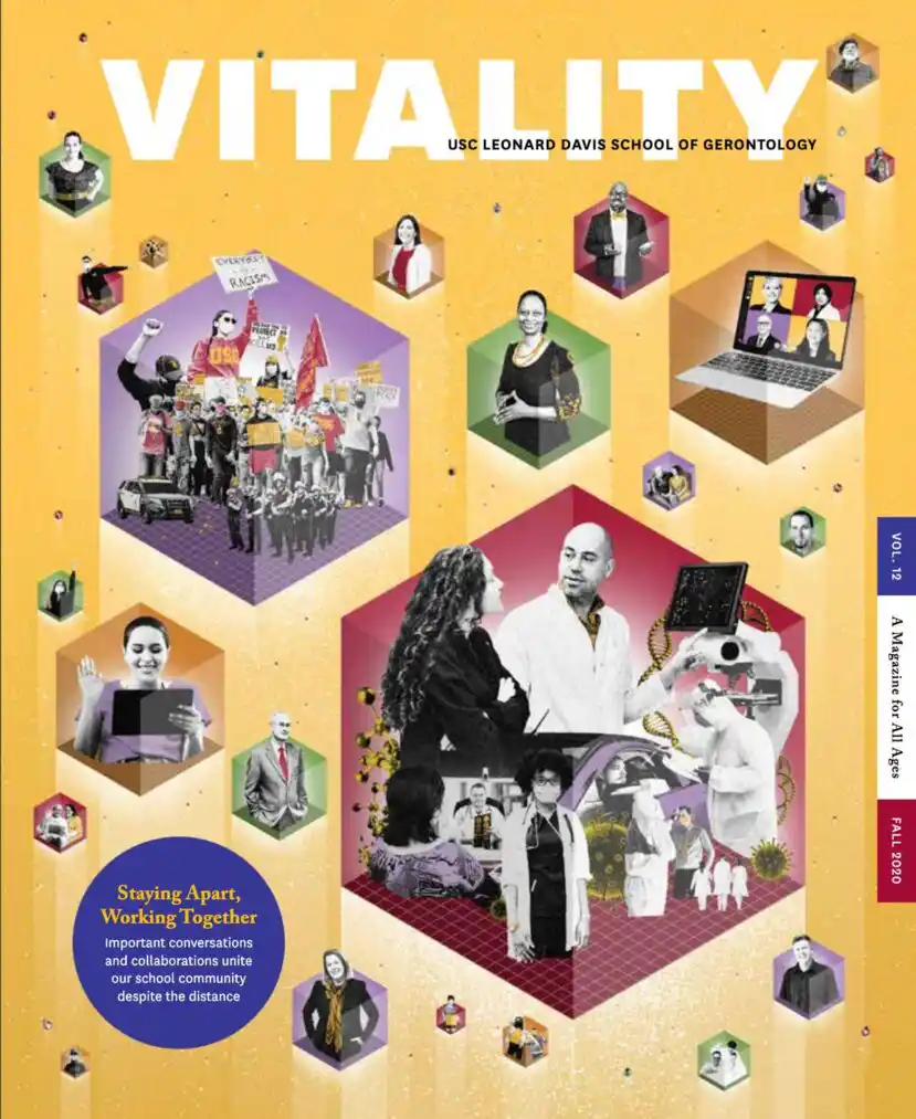 Cover of Vitality Magazine Fall 2020 issue with square graphics including people working in a lab in white coats, students protesting, and a person using an iPad. Header in circle "Staying Apart, Working Together"