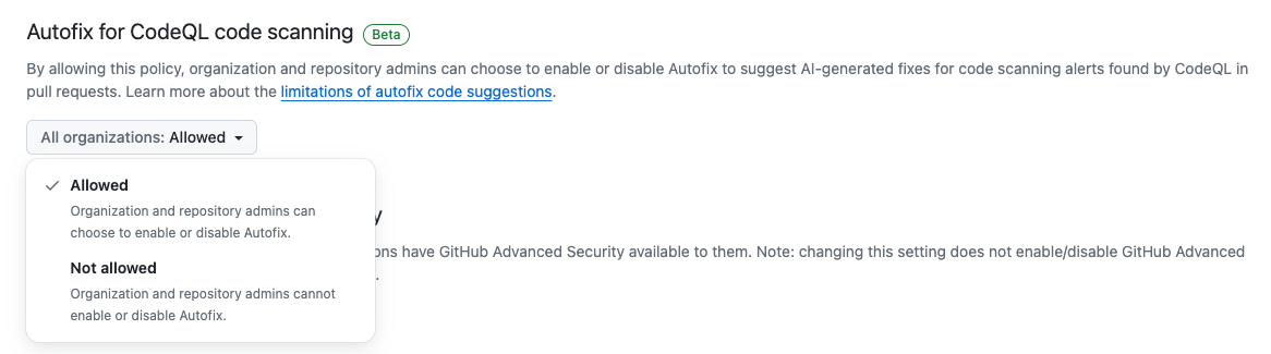 Enterprise level settings view of Autofix for CodeQL