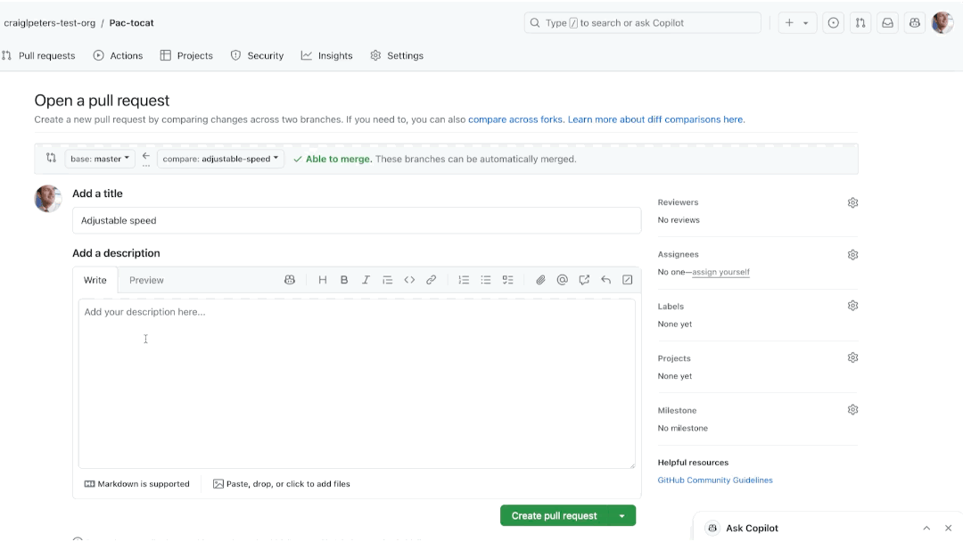 animation of getting Copilot help writing a pull request description