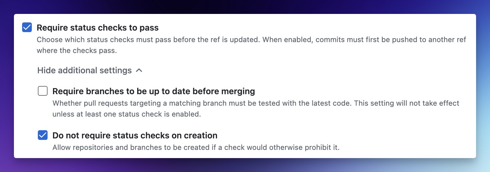 Screenshot of require status check rule with the new "Do not require status checks on creation" option enabled