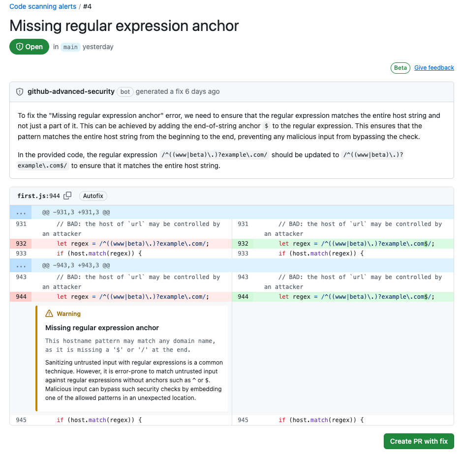 Example autofix page for a Missing regular expression anchor vulnerability detected with CodeQL