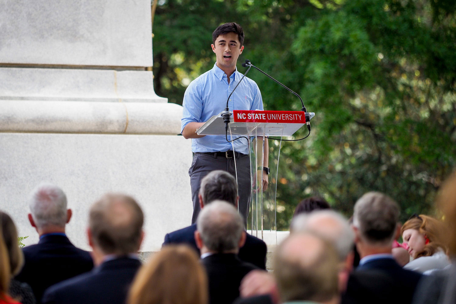 Class of 2022 Michael Gardo talking about the 55 new bells that make up the Memorial Belltower’s carillon.