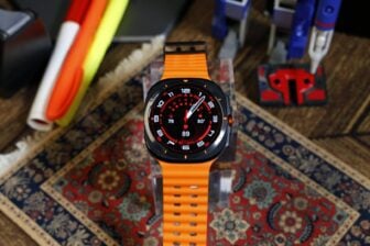 The Samsung Galaxy Watch Ultra with organge Marine watchband