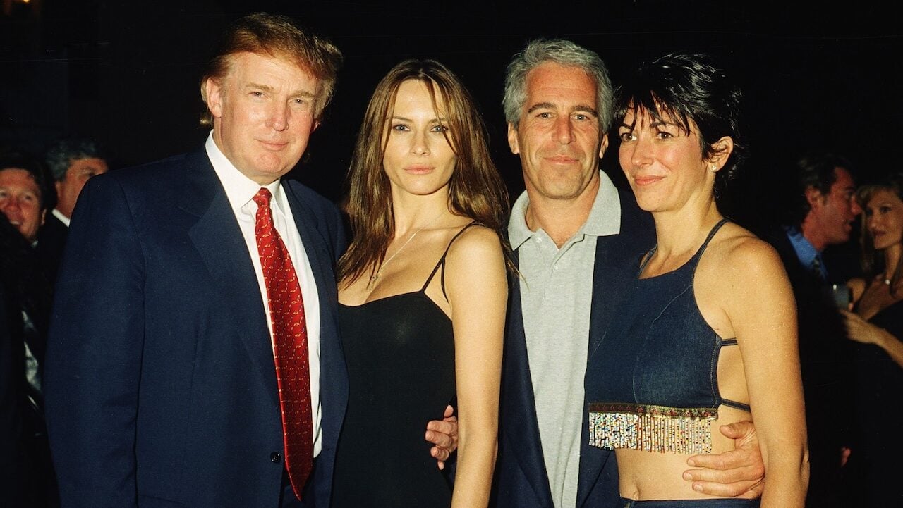 Donald Trump and his girlfriend (and future wife), former model Melania Knauss, financier (and future convicted sex offender) Jeffrey Epstein, and British socialite Ghislaine Maxwell pose together at the Mar-a-Lago club, Palm Beach, Florida, February 12, 2000.