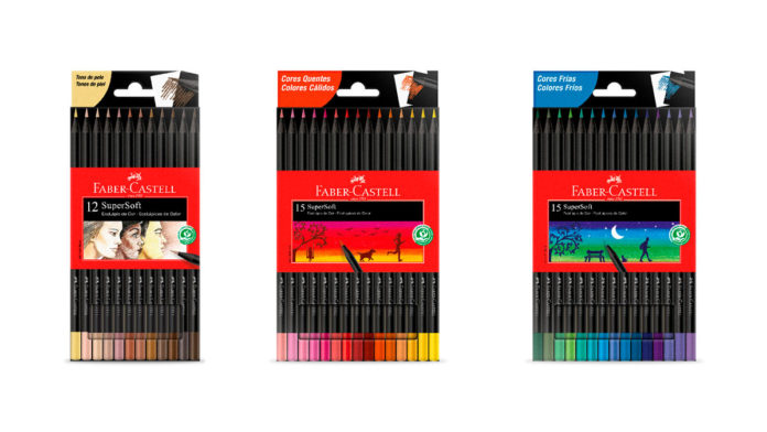 A foto apresenta os nojos estojos da Faber-Castell, o SuperSoft Tons de Pele, Cores Quentes e Cores Frias.