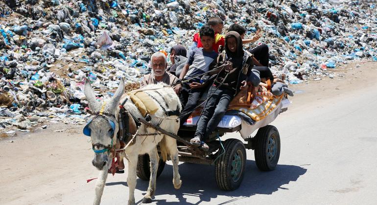 Uma família em Gaza passa por uma estrada cheia de lixo.