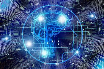 Visualization of Artificial Intelligence combining a human brain schematic with a circuit board.