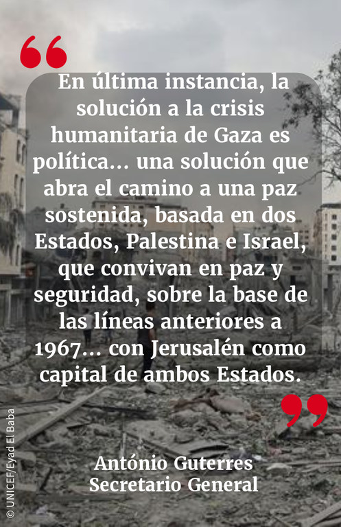  En última instancia, la solución a la crisis humanitaria de Gaza es política... una solución que abra el camino a una paz sostenida, basada en dos Estados, Palestina e Israel, que convivan en paz y seguridad, sobre la base de las líneas anteriores a 196…