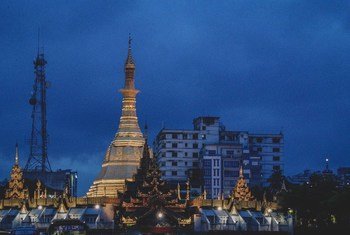 A pagoda at dawn in downtown Yangon, the commercial hub of Myanmar.