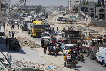 Palestinians in Khan Younis on the move after the latest Israeli evacuation orders. Around nine in 10 Gazans have been displaced at least once since the war began.