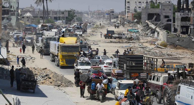 Palestinians in Khan Younis on the move after the latest Israeli evacuation orders. Around nine in 10 Gazans have been displaced at least once since the war began.