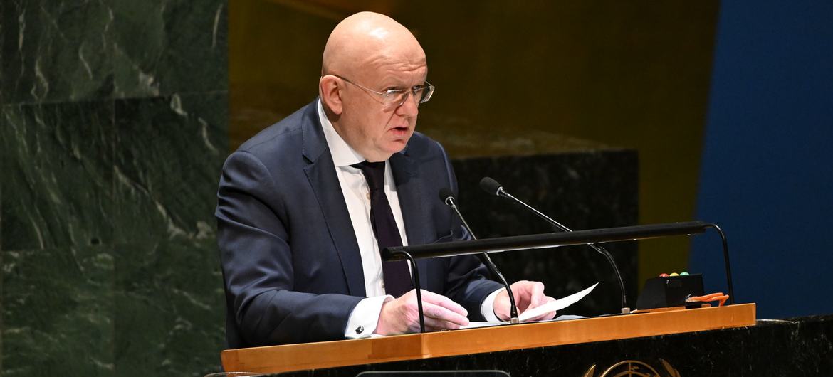 Russia's Ambassador Vassily Nebenzia addresses the UN General Assembly.