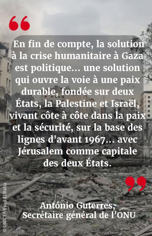 En fin de compte, la solution à la crise humanitaire à Gaza est politique... une solution qui ouvre la voie à une paix durable, fondée sur deux États, la Palestine et Israël, vivant côte à côte dans la paix et la sécurité, sur la base des lignes d'avant …