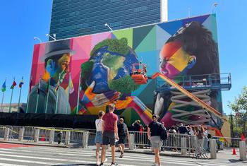 Artist Eduardo Kobra and his team put the finishing touches to his mural on New York’s First Avenue, outside UN Headquarters, dedicated to sustainability and environmental preservation, ahead of UNGA77.