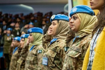 Pakistani women peacekeepers in the audience at the National University of Science and Technology in Islamabad, where Secretary-General António Guterres delivered an address on the topic of peacekeeping.